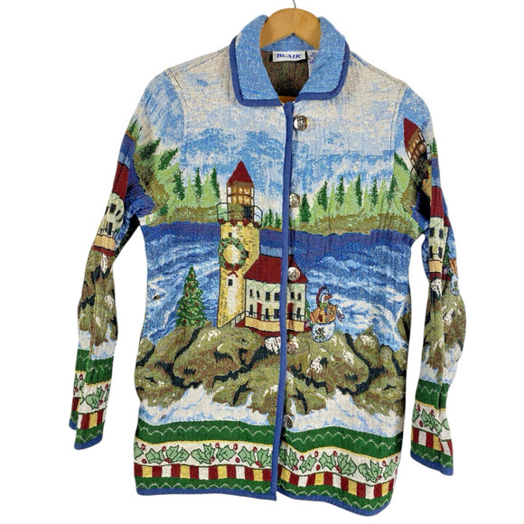 Lighthouse Tapestry Coat Jacket Christmas Art to Wear Grandmacore Size Small Vtg - Picture 2 of 16